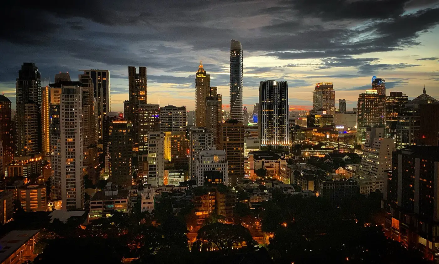 Bangkok's towers at twilight, seen across the Ratchadamri district